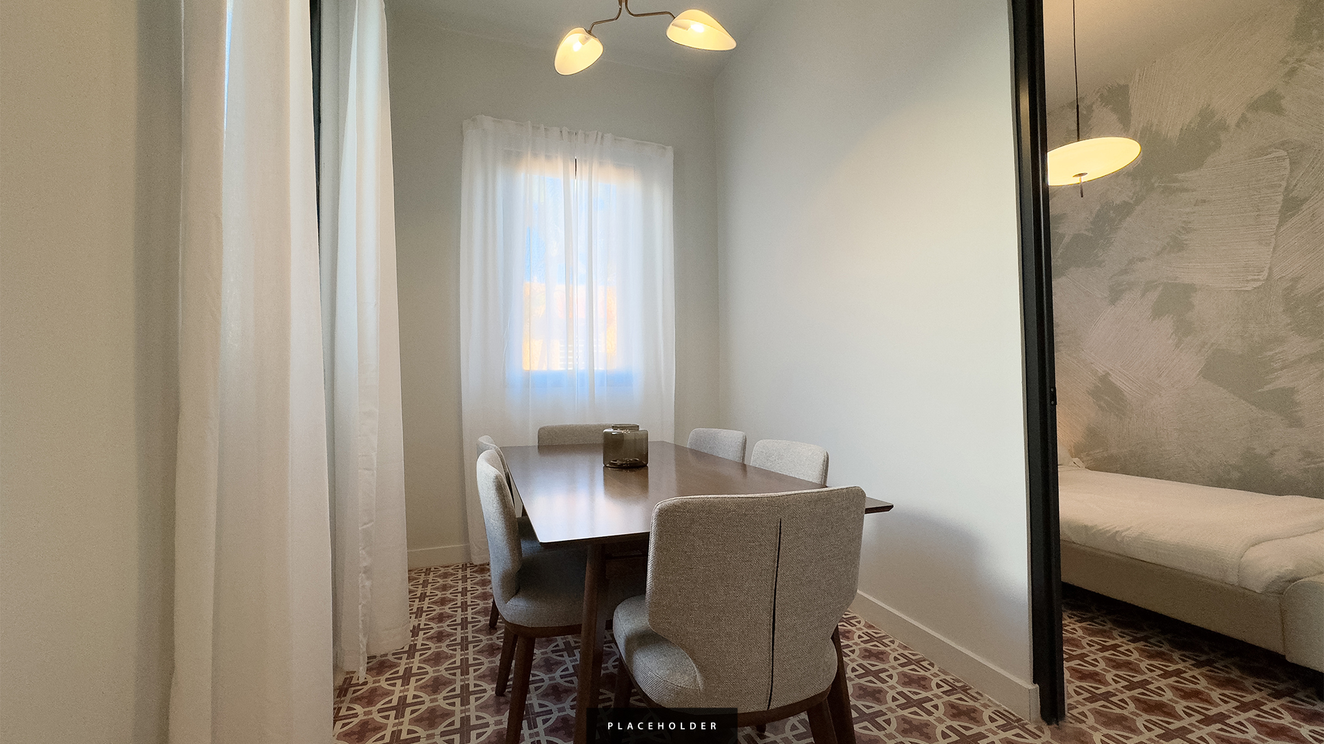 a table and chairs in a room