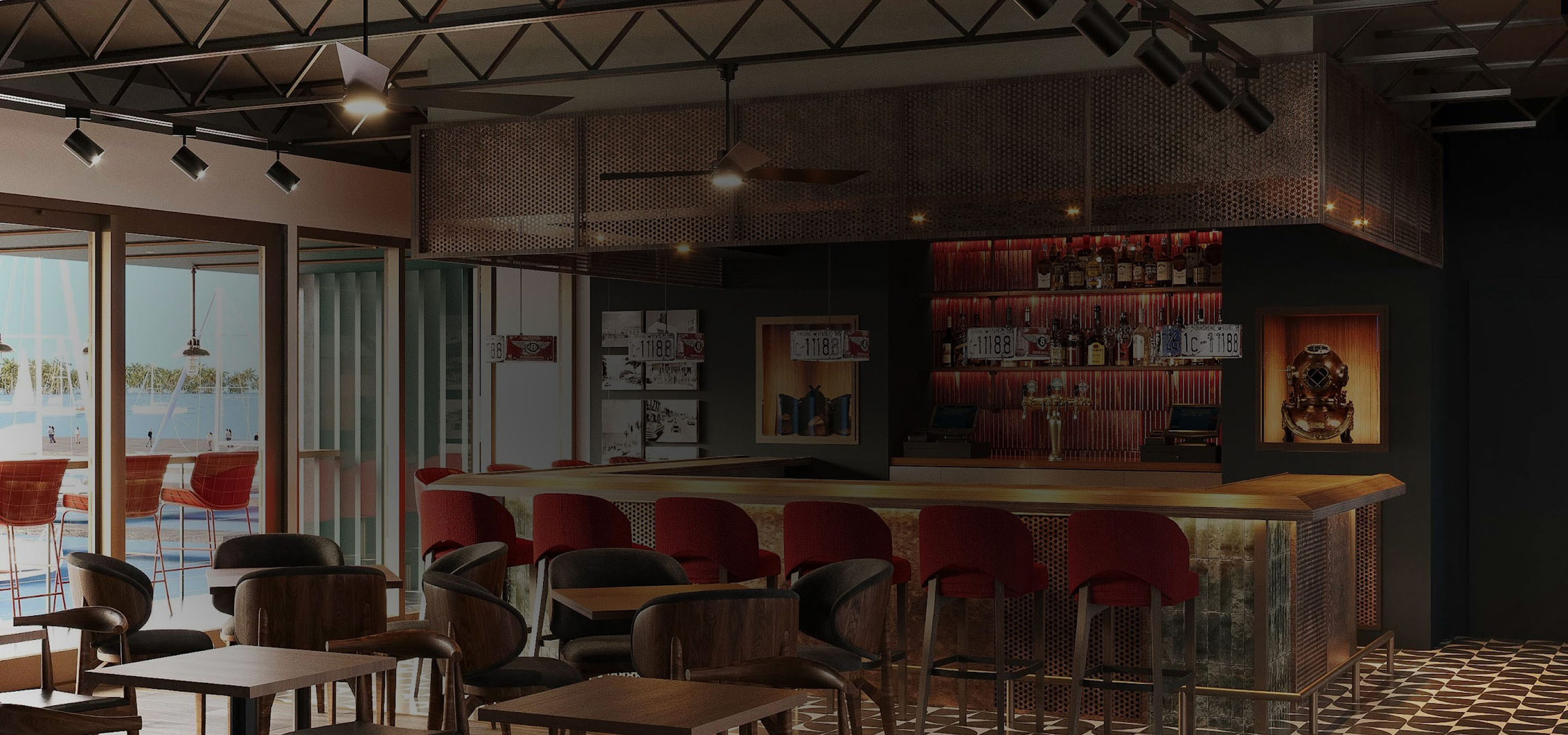 a bar with chairs and tables