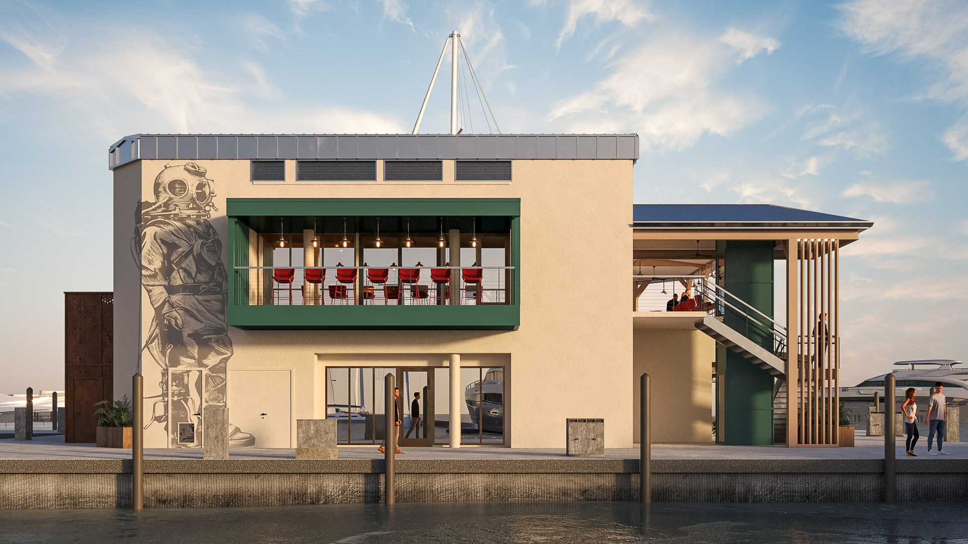 a building with a balcony and a boat dock