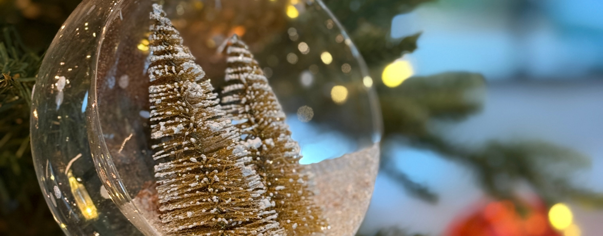 a glass ornament with trees in it