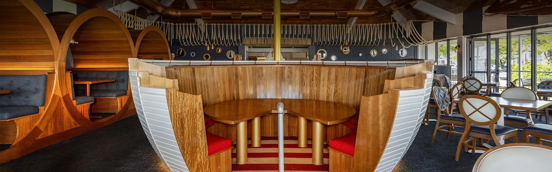 a table and chairs in a restaurant