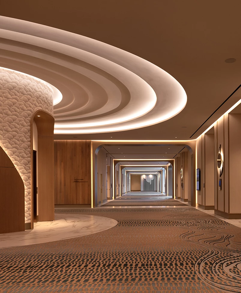 a hallway with a large ceiling