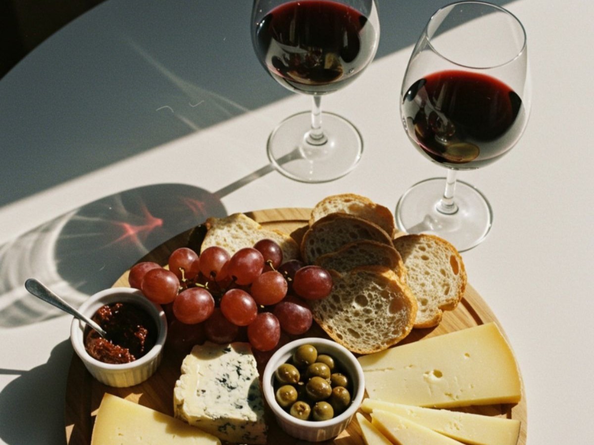 a plate of food and wine