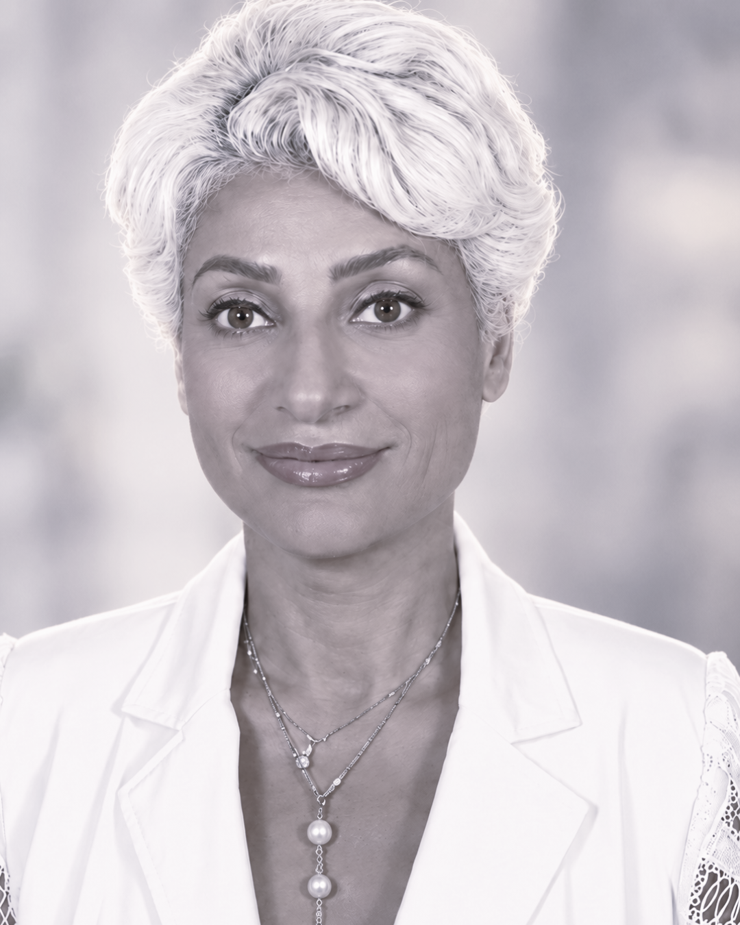 a woman with white hair