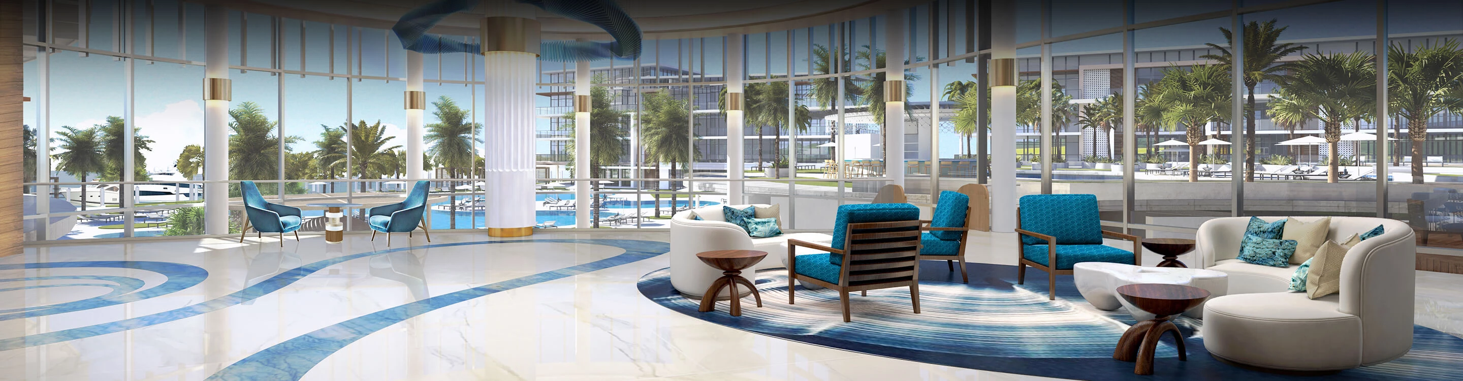 a room with a pool and a blue chair