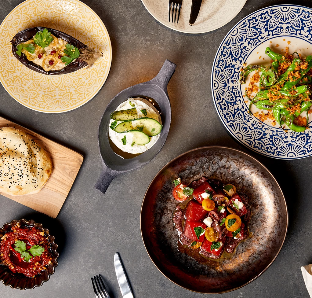 a table with plates of food