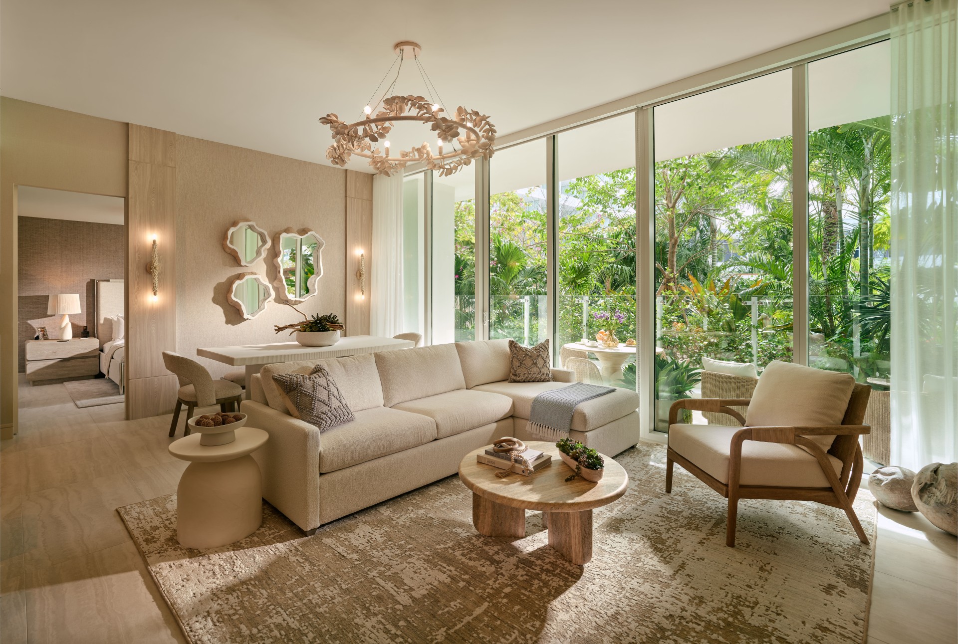 a living room with a couch and chairs