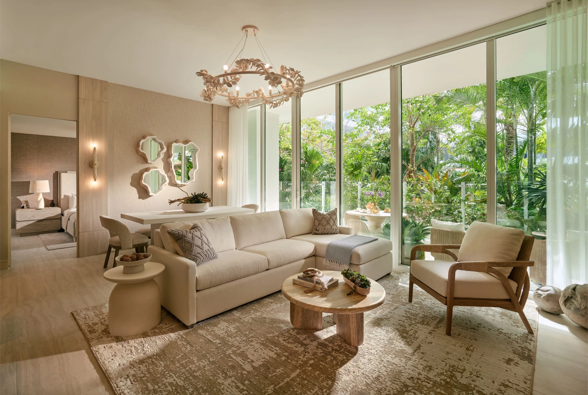 a living room with a couch and chairs