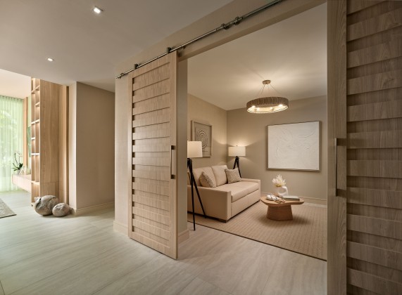 a room with a sliding door