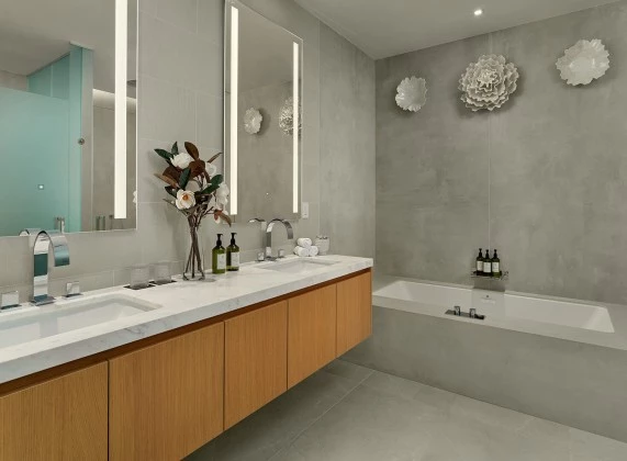 a bathroom with a bathtub and sink