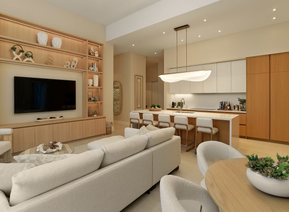 a living room with a kitchen and dining area