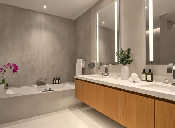 a bathroom with a large mirror and a tub