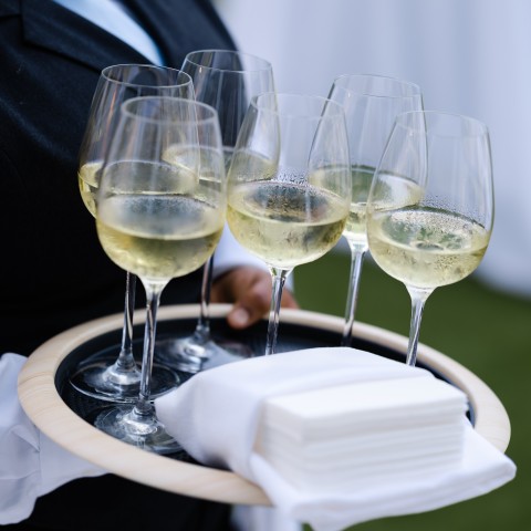 a person holding a tray of wine glasses