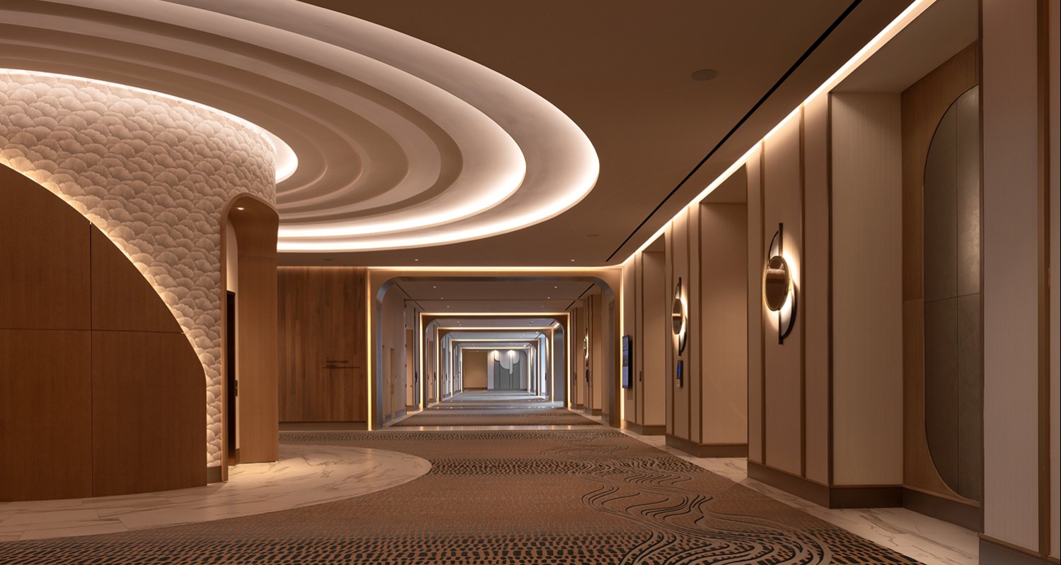 a hallway with a circular ceiling and lights