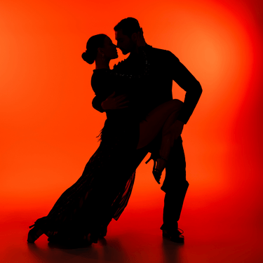 a silhouette of a man holding a woman in a dress