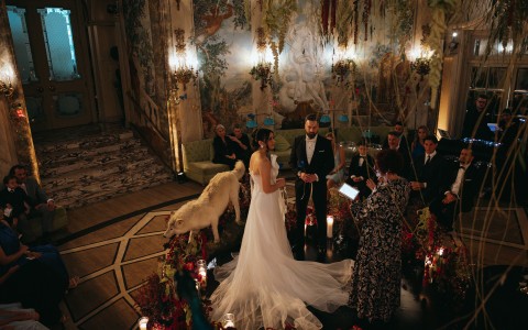 a bride and groom in a room with a dog and people
