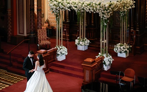a bride and groom in a wedding dress