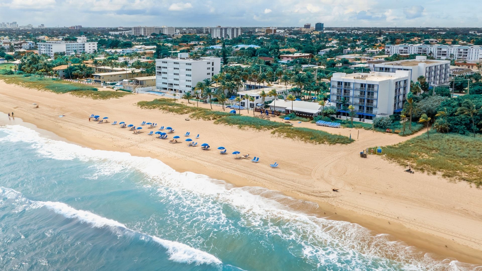 a beach with many chairs and umbrellas