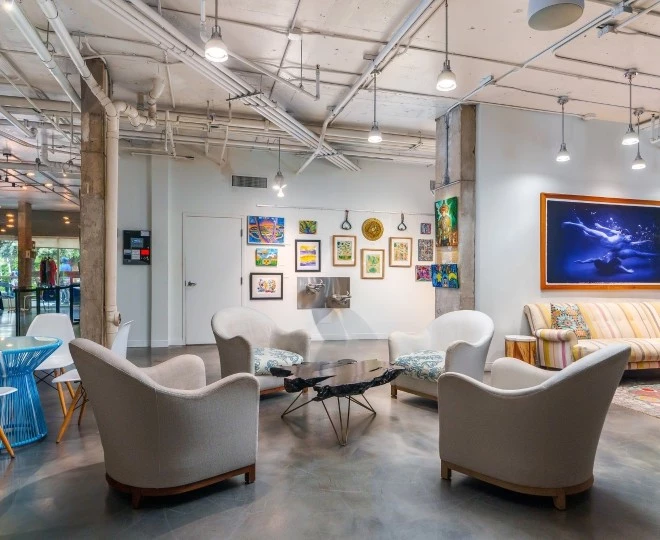a room with chairs and a table