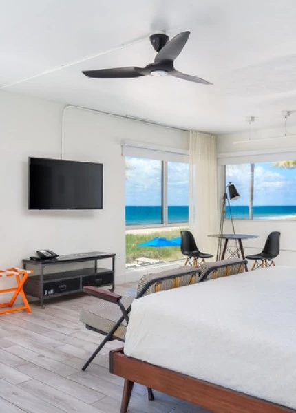 a room with a bed and a television