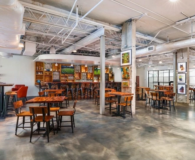 a room with tables and chairs