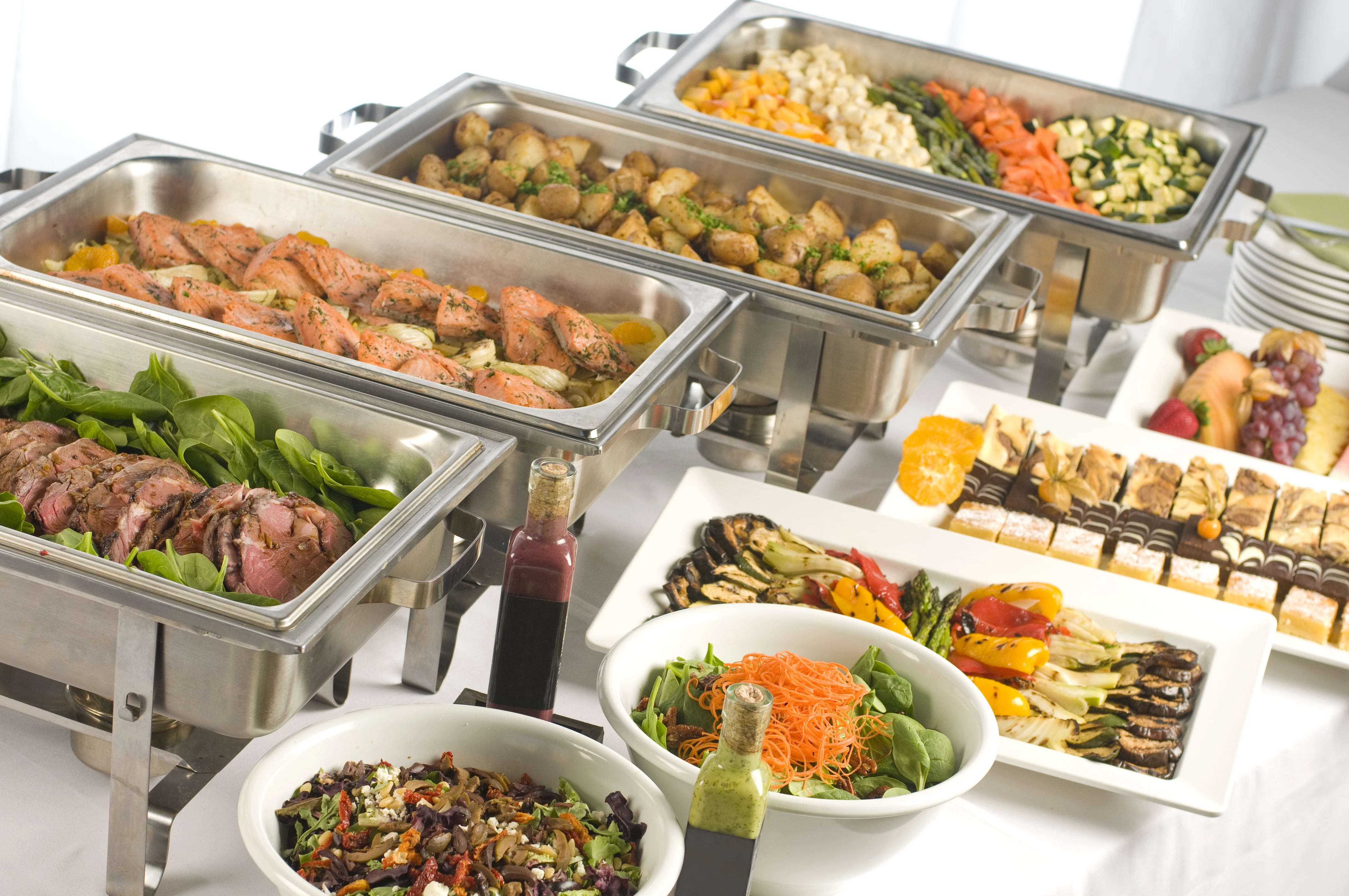 a buffet line of food
