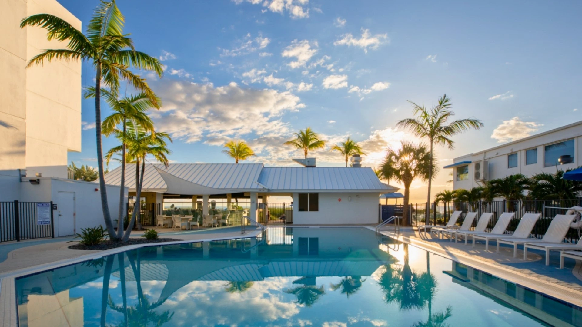 a pool with palm trees and a building