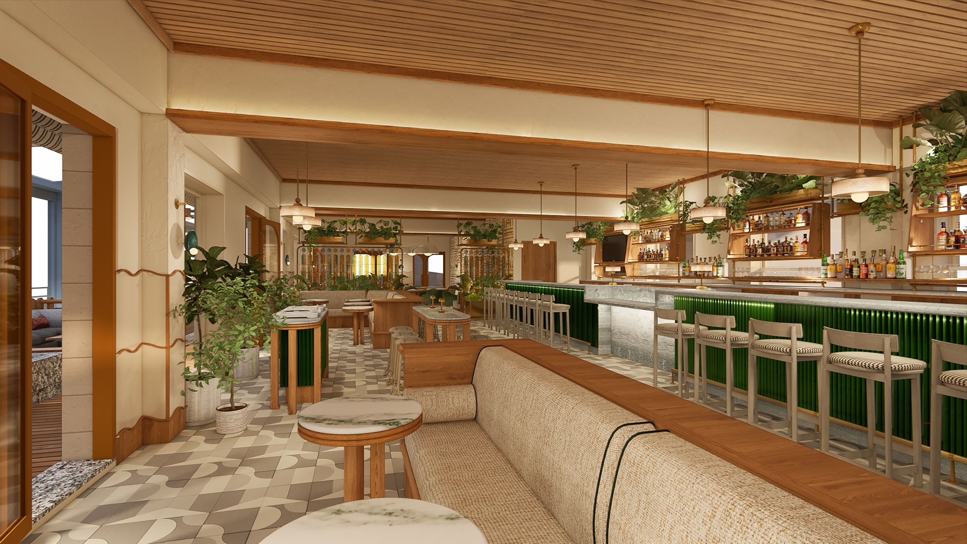 a room with tables and chairs