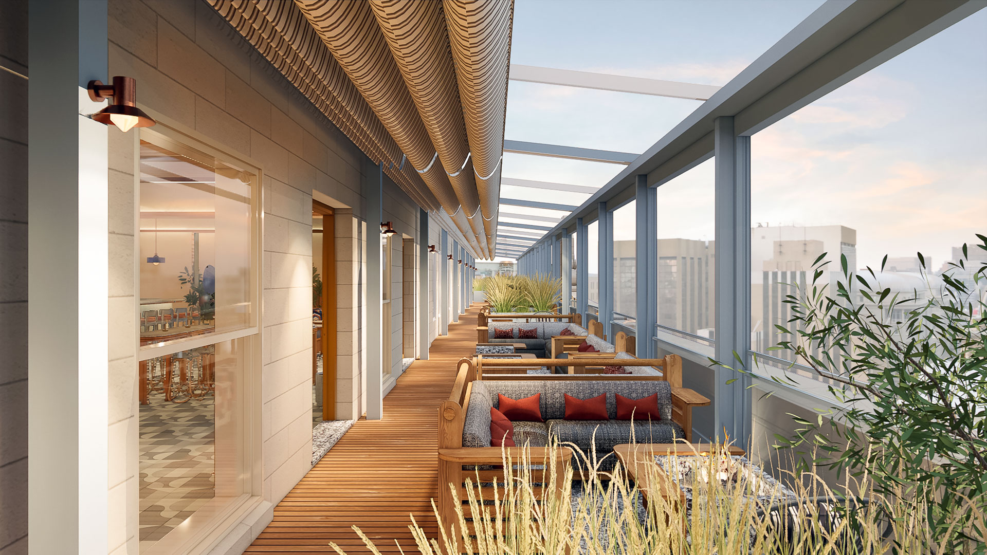 a patio with a wooden deck and chairs