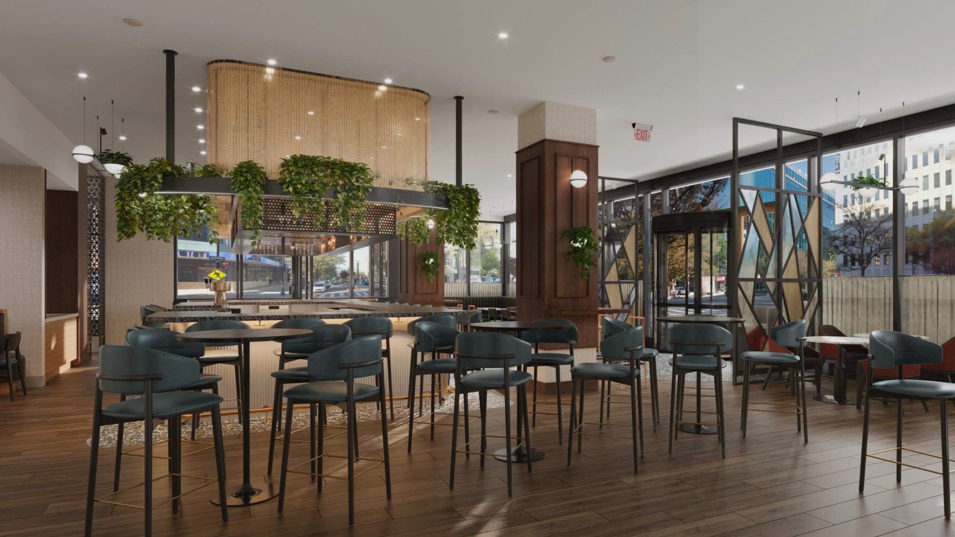 a room with a bar and chairs