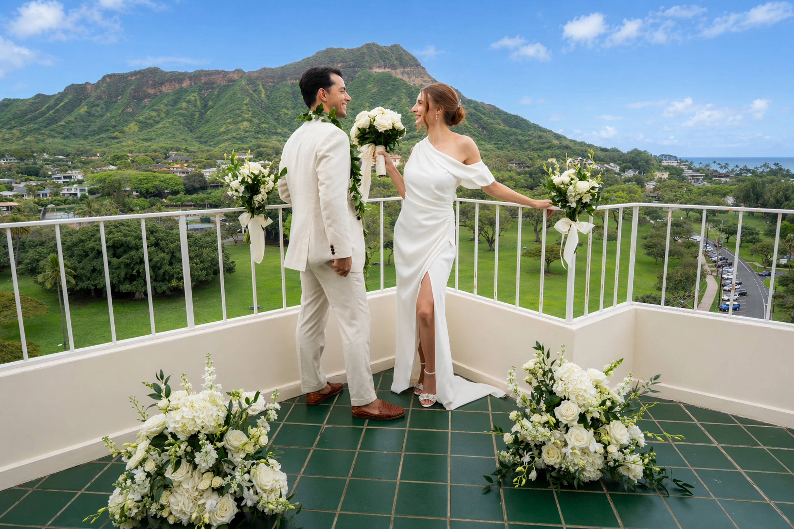 a man and woman standing on a balcony with flowers and mountains in the background