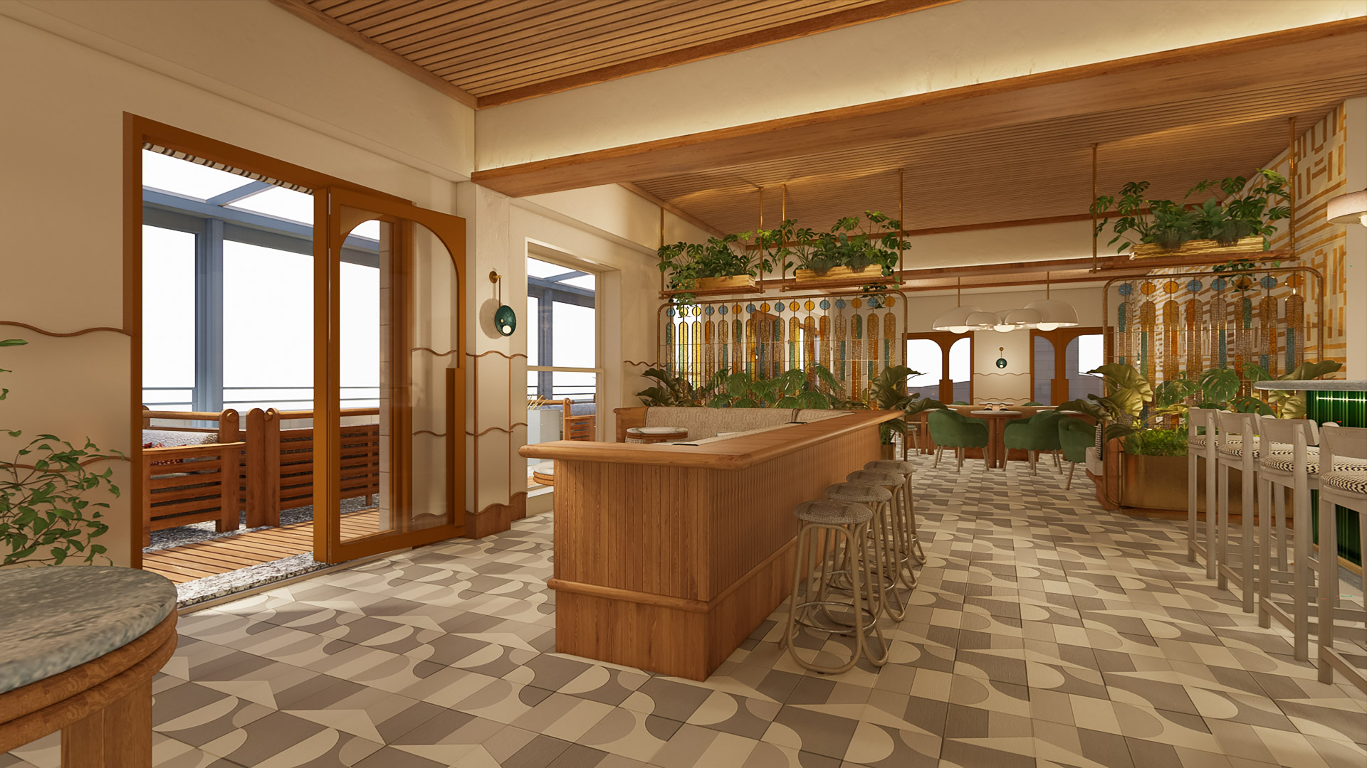 a room with a bar and chairs