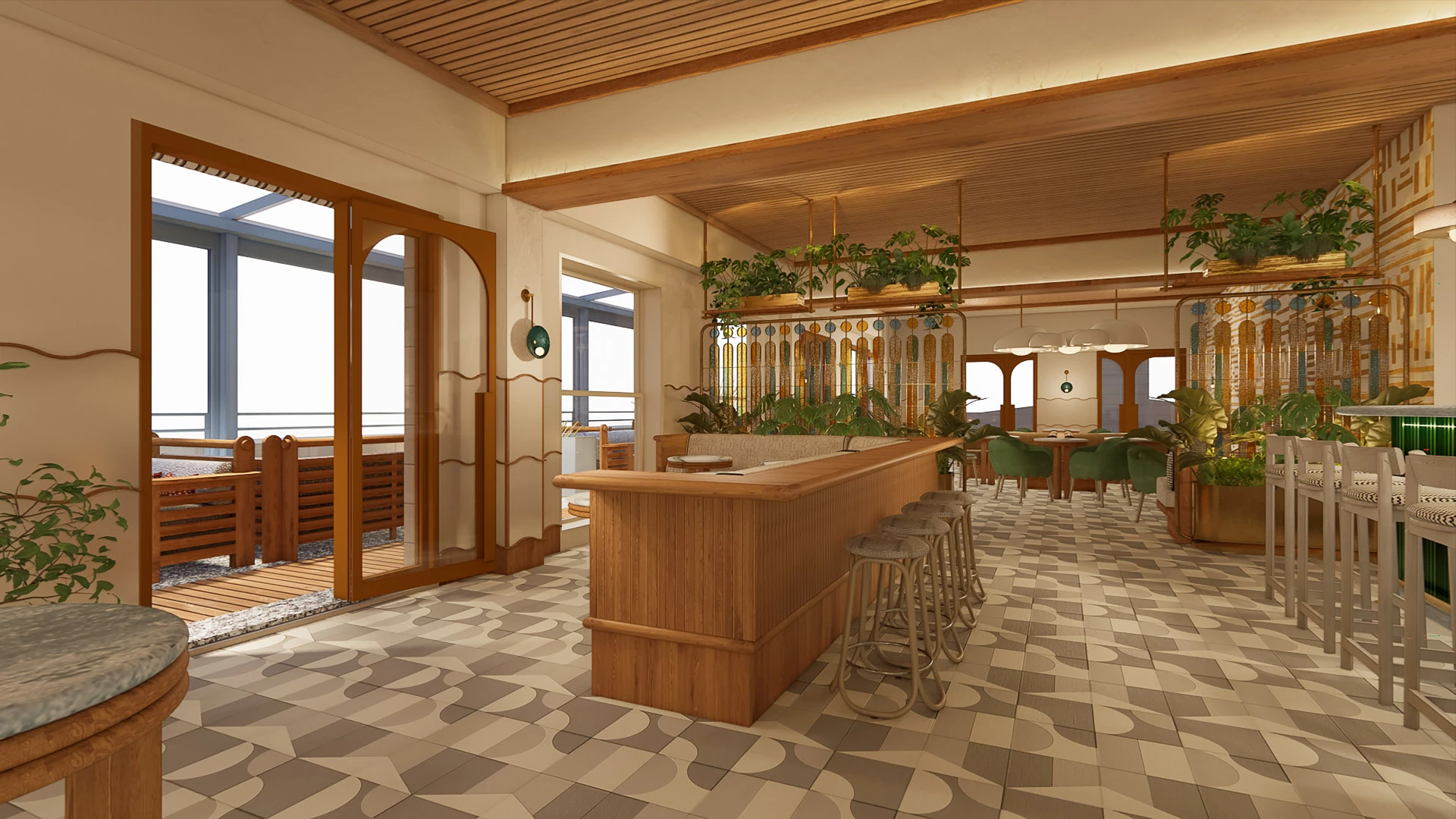 a room with a bar and chairs