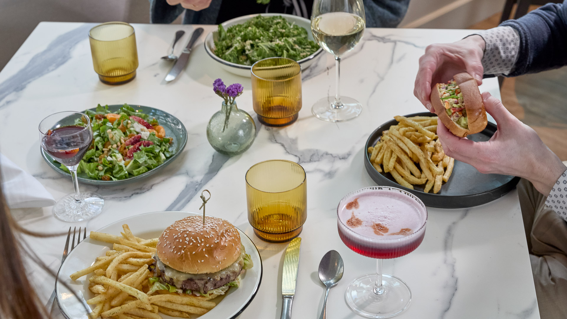 a table with food and drinks