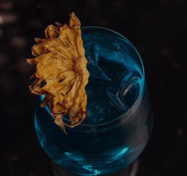 a glass with a blue liquid and a dried flower