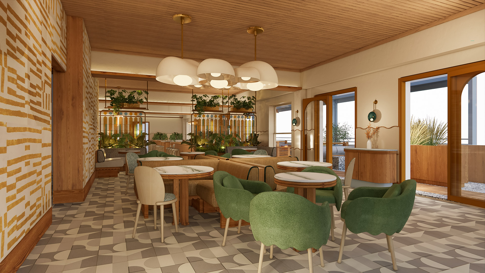 a room with tables and chairs