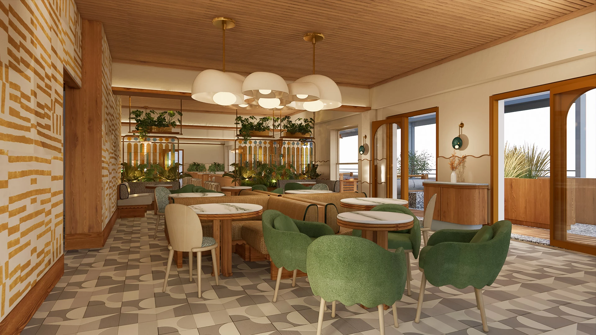 a room with tables and chairs