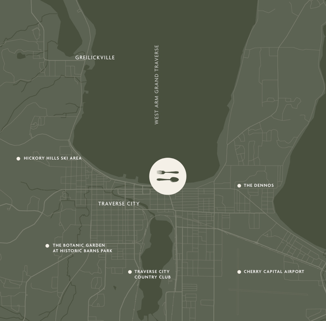 a map of a city with a fork and knife