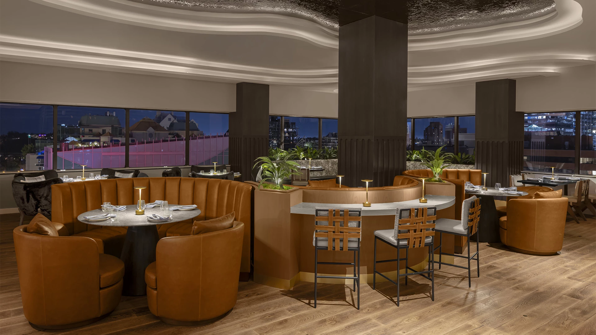 a room with tables and chairs