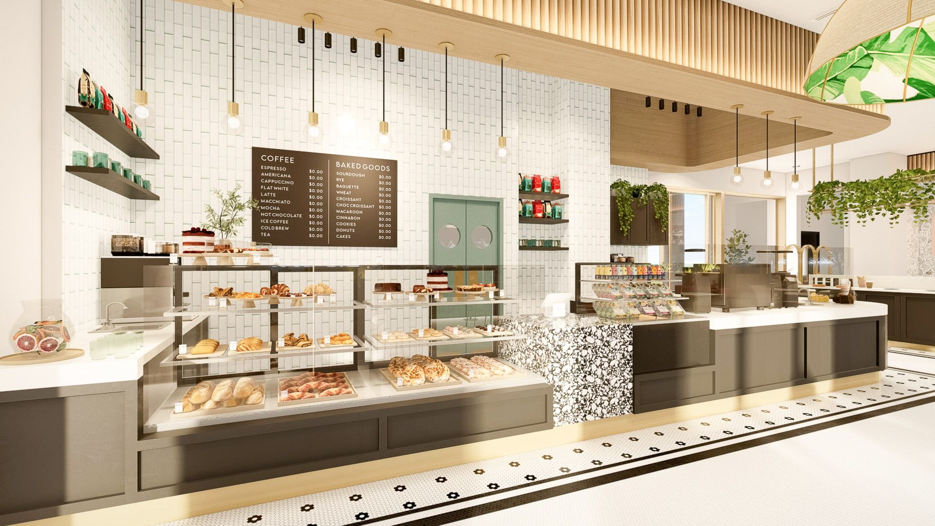 a bakery with shelves of food
