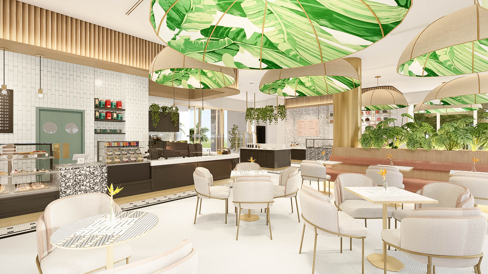 a restaurant with tables and chairs