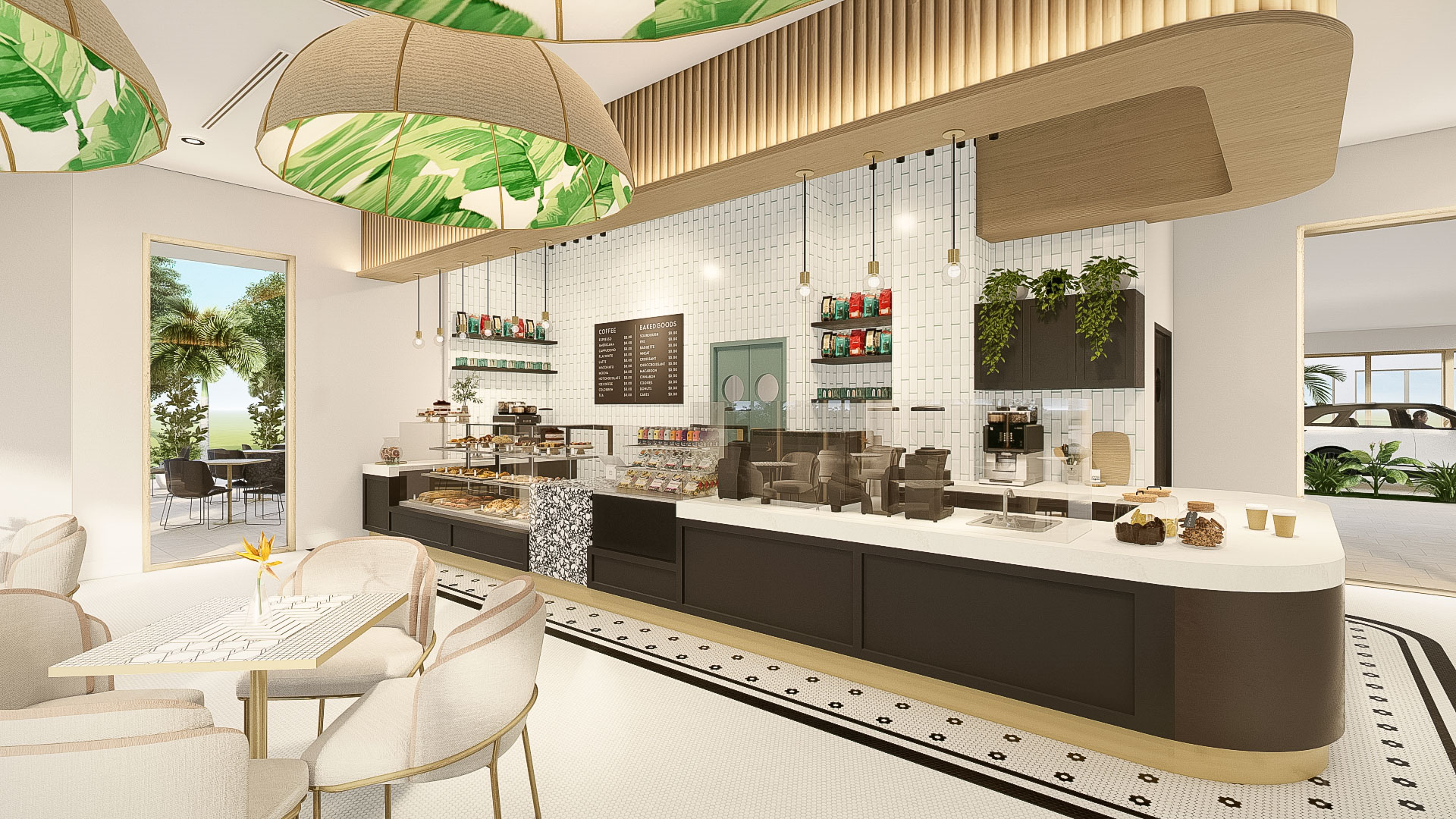 a coffee shop with a counter and chairs
