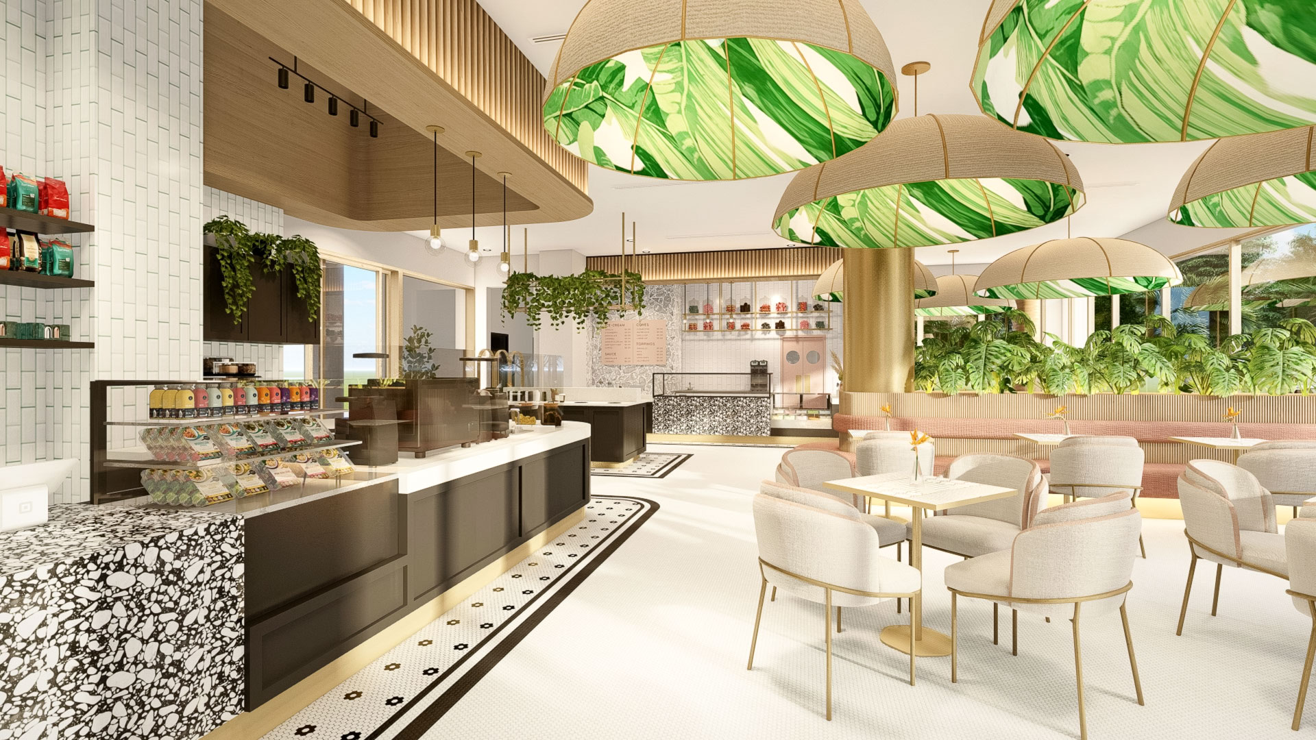 a restaurant with tables and chairs