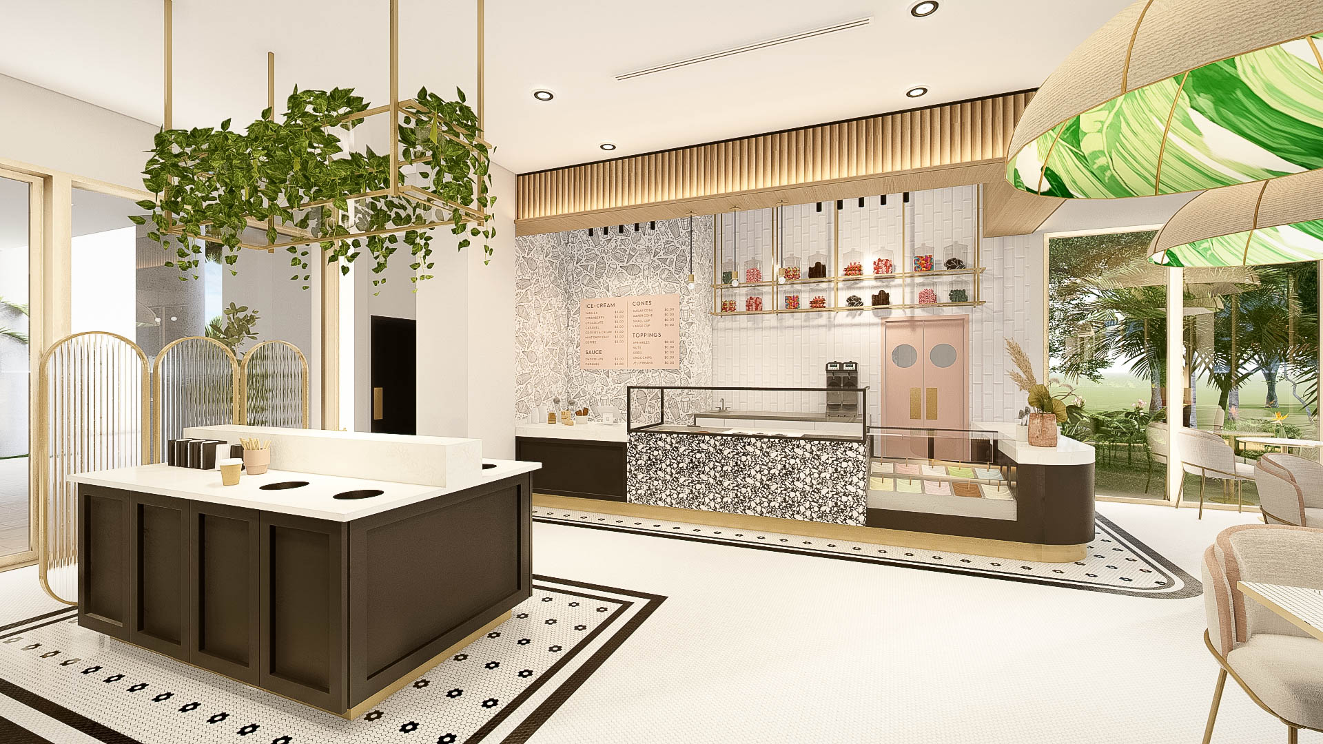 a room with a counter and a display case