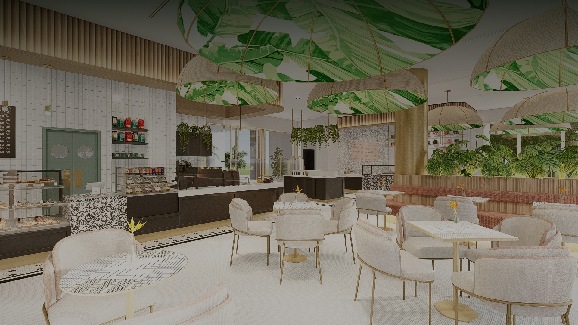 a room with tables and chairs
