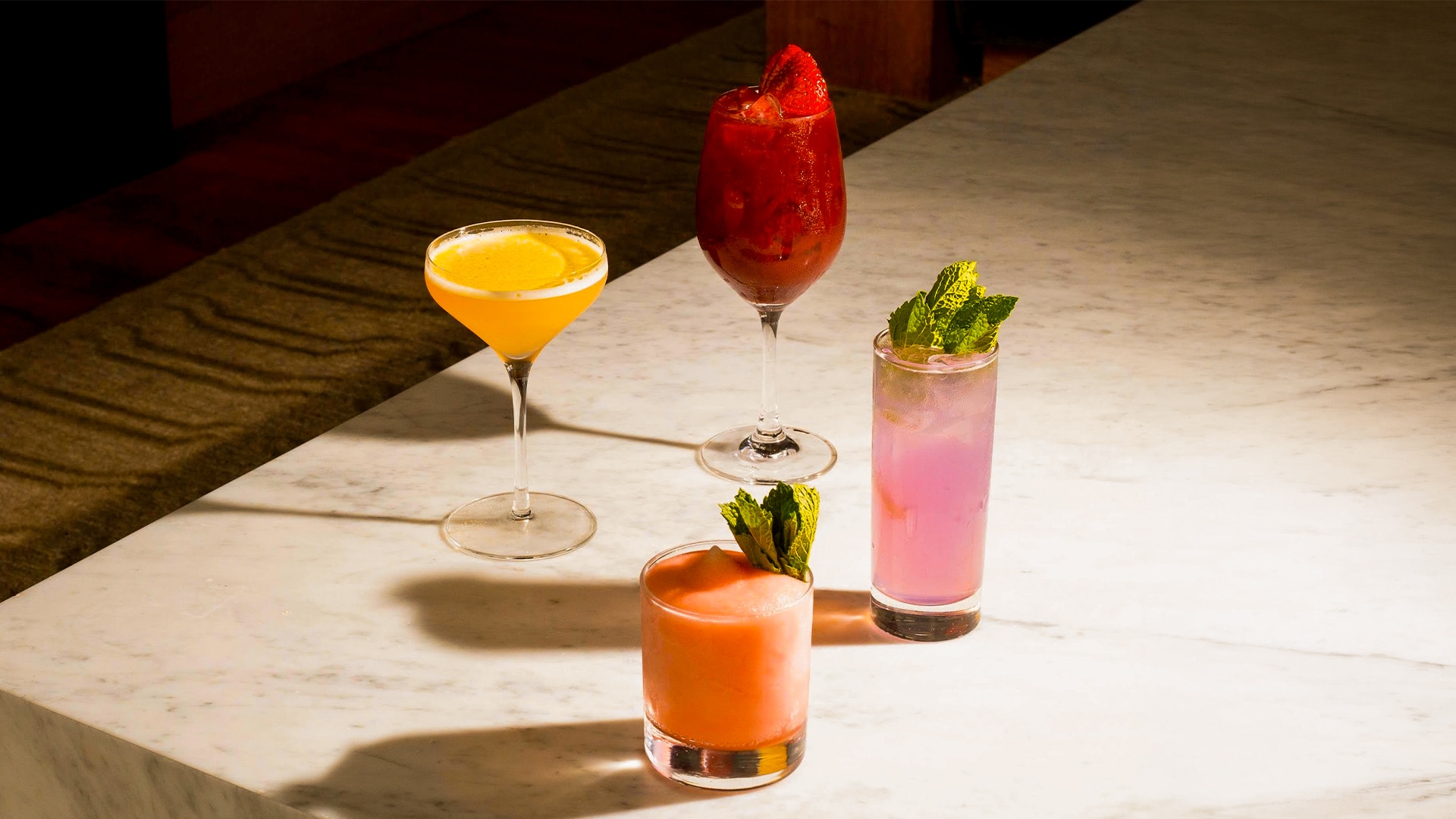 a group of drinks on a table
