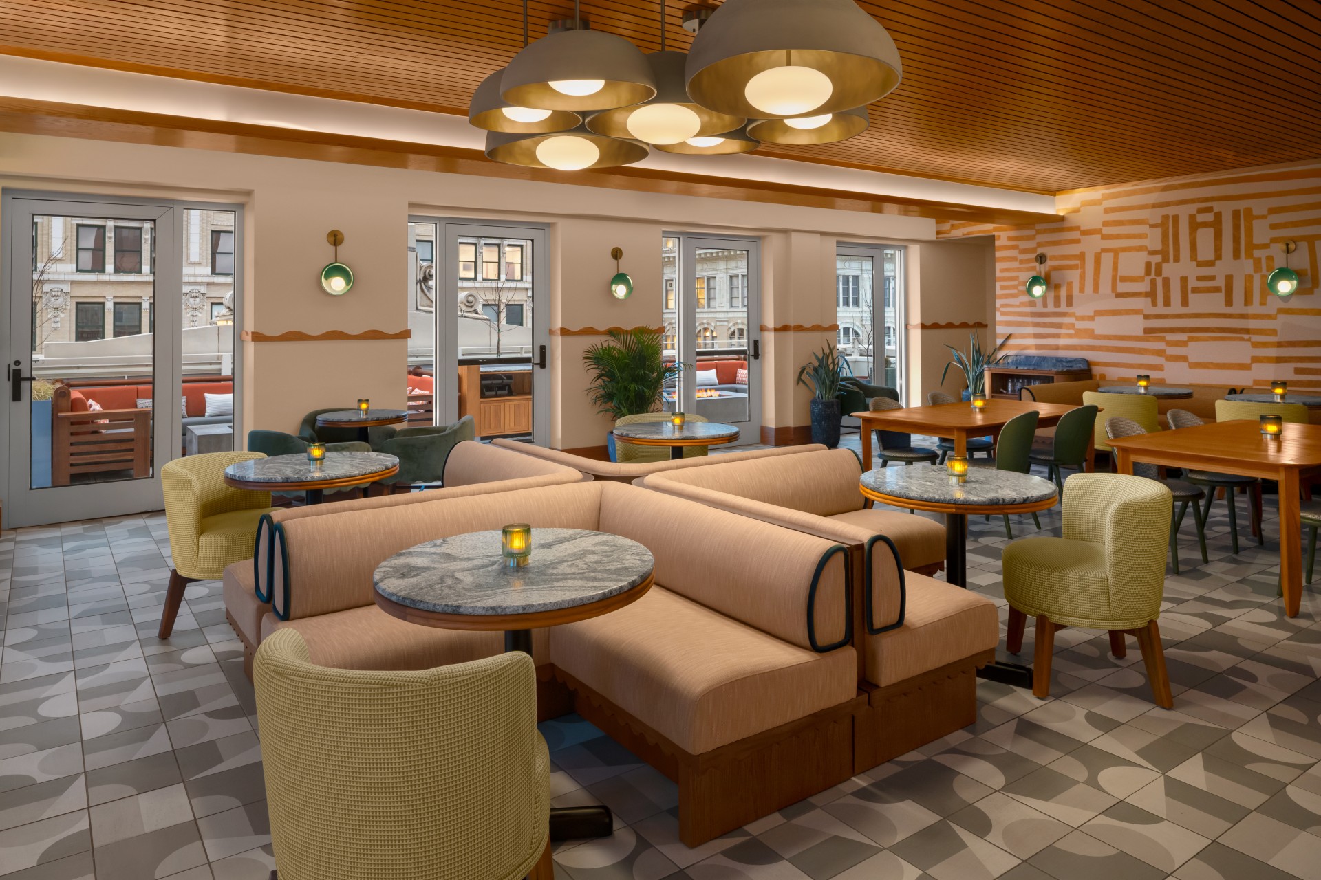 a room with tables and chairs