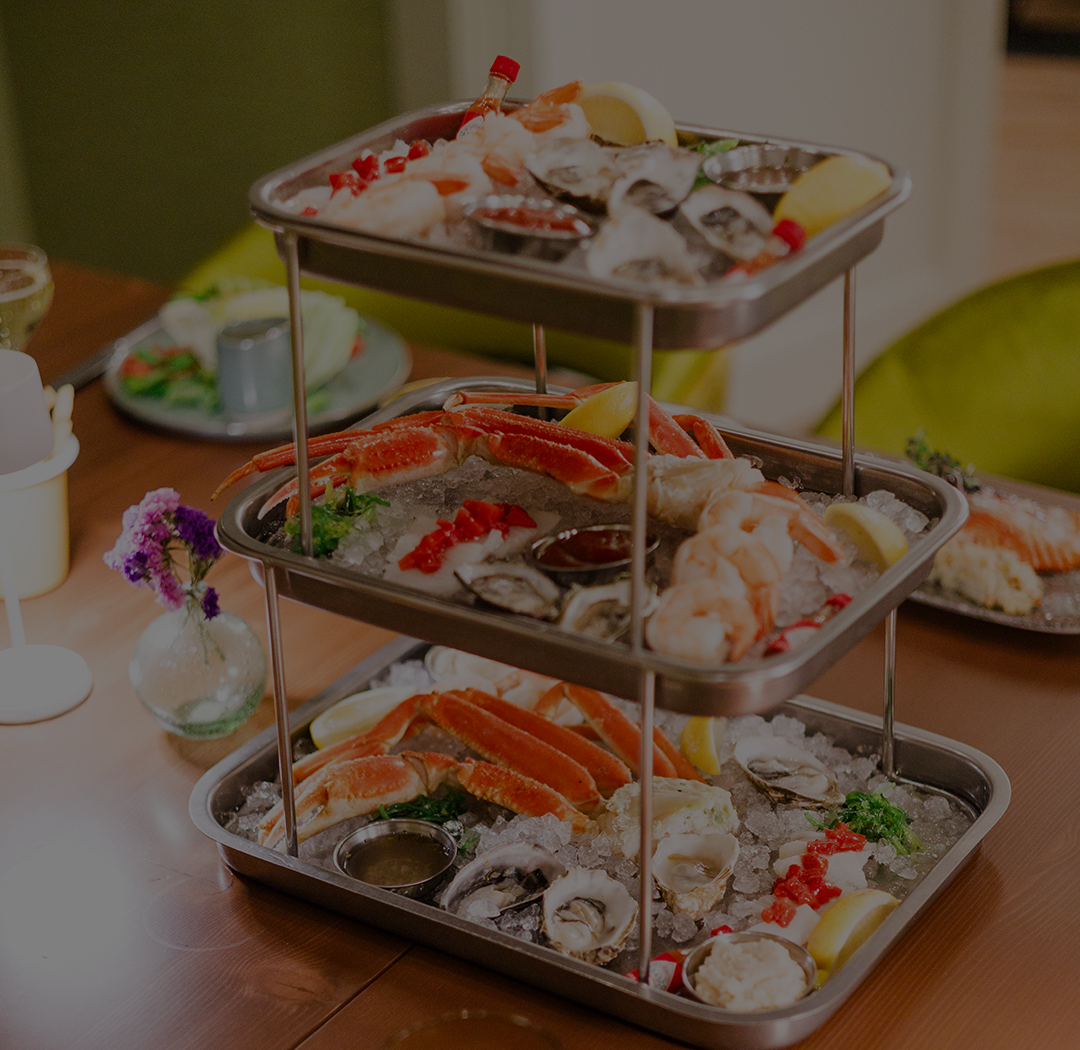 a tray of seafood on a table
