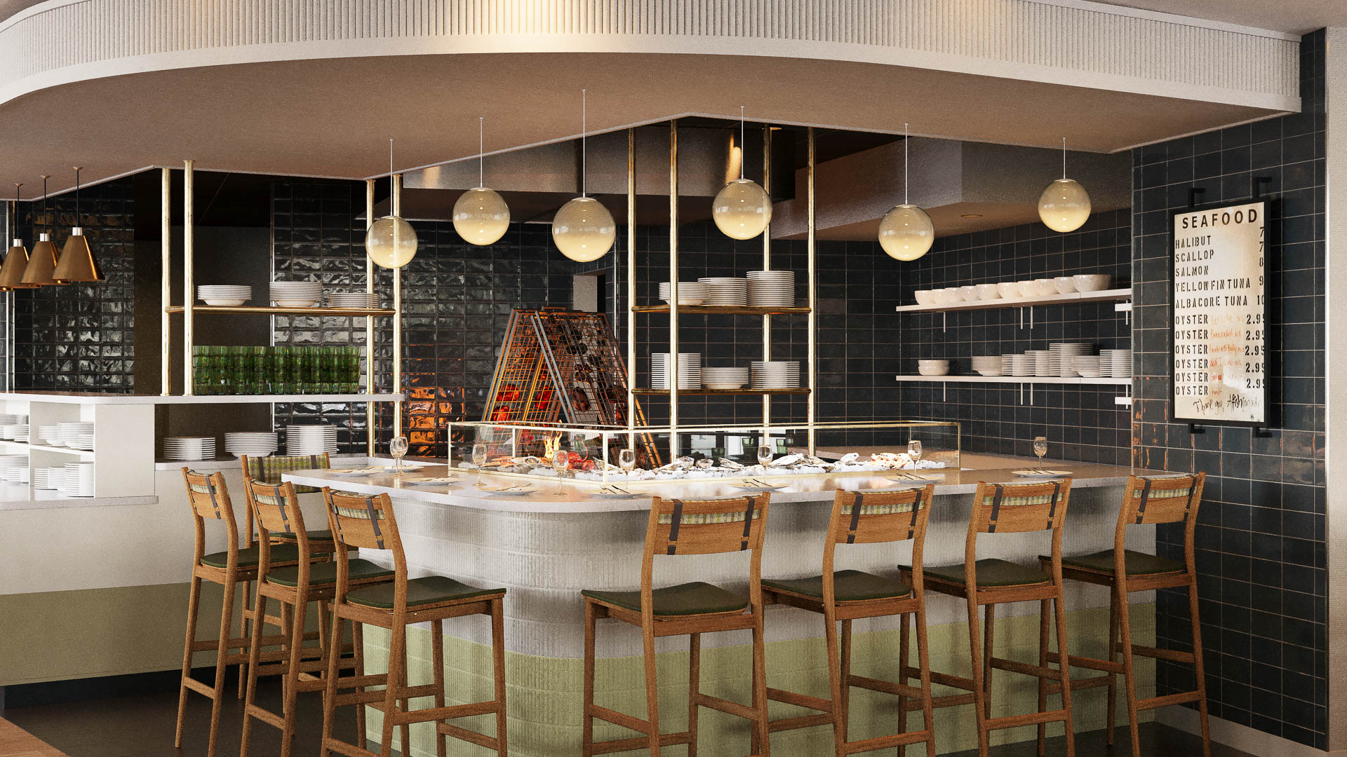 a restaurant with a bar and chairs