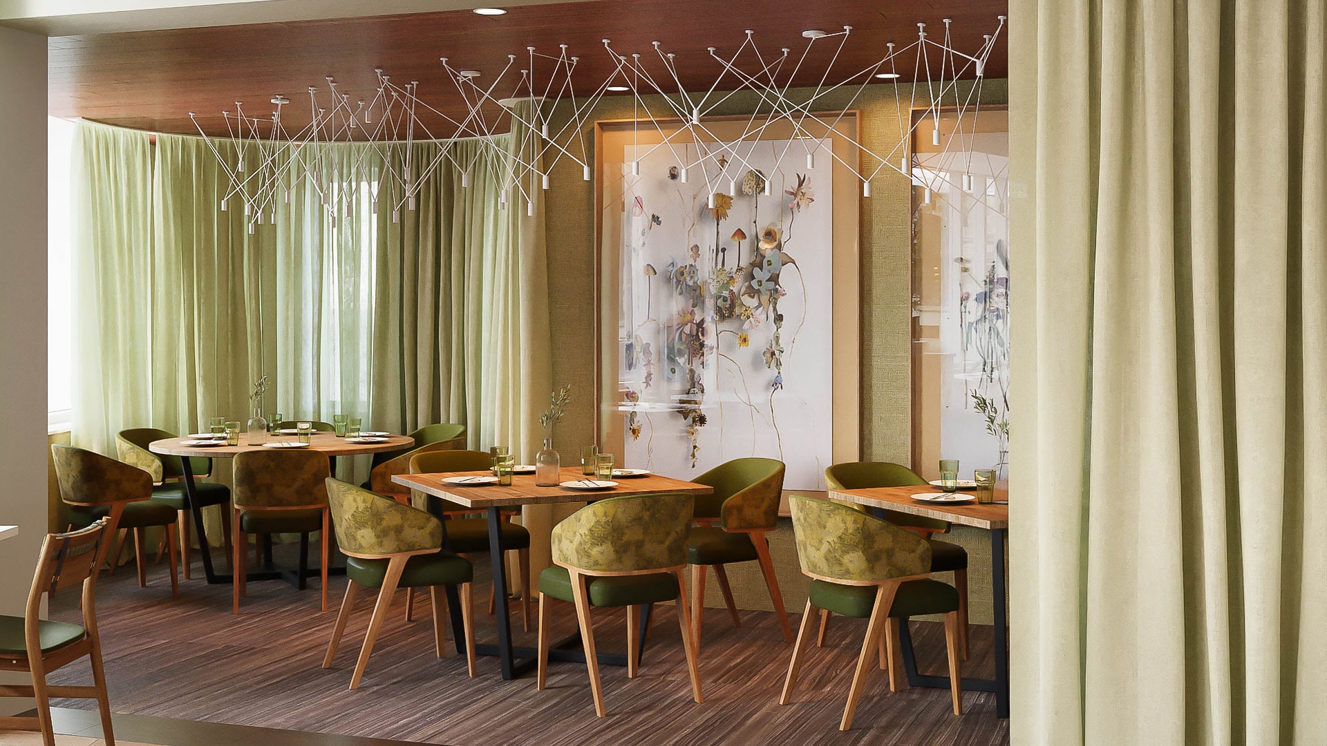 a room with tables and chairs